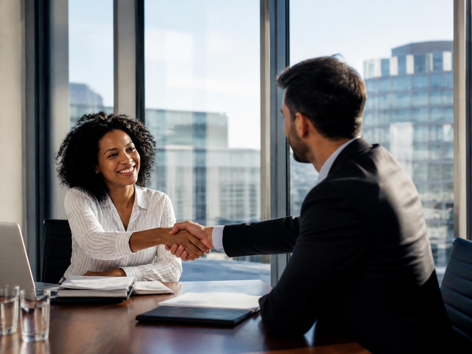 An investor and a founder shaking hands across a boardroom table
