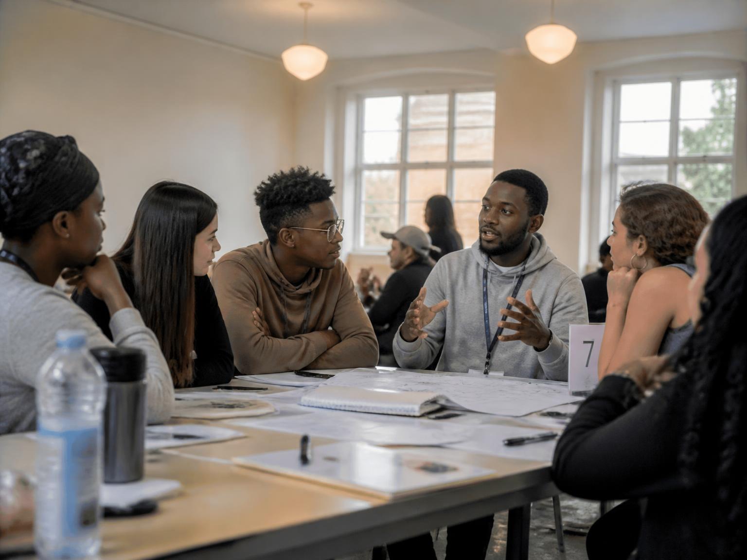 A mentor speaking with young people around a table in a community workshop