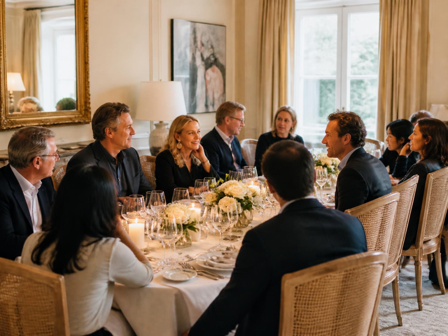 Members in conversation at an elegant private leadership dinner