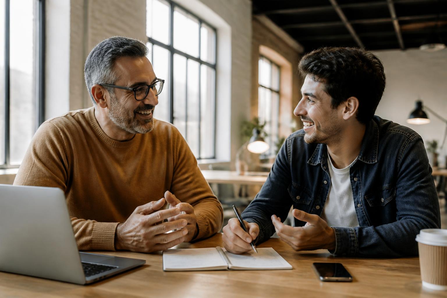 A mentor and a young founder in conversation in a light-filled workspace